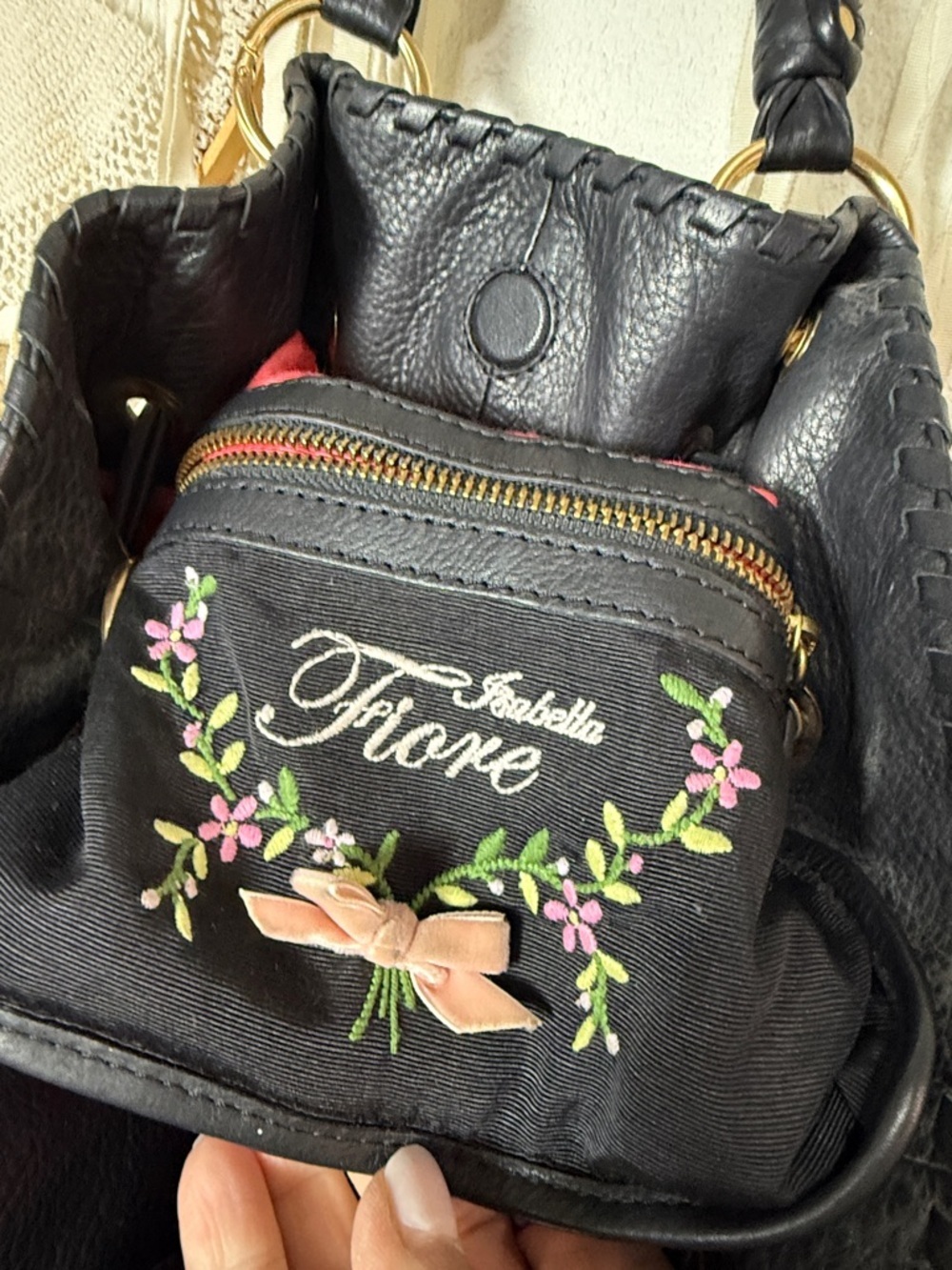 Isabella Fiore Vintage Leather and Patchwork Embroidered Handbag Purse - Picture 6 of 16